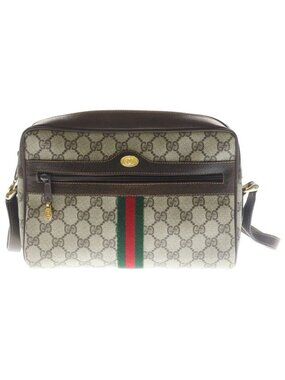 Gucci Vintage GG Supreme Shoulder Bag Brown Beige Leather Gold